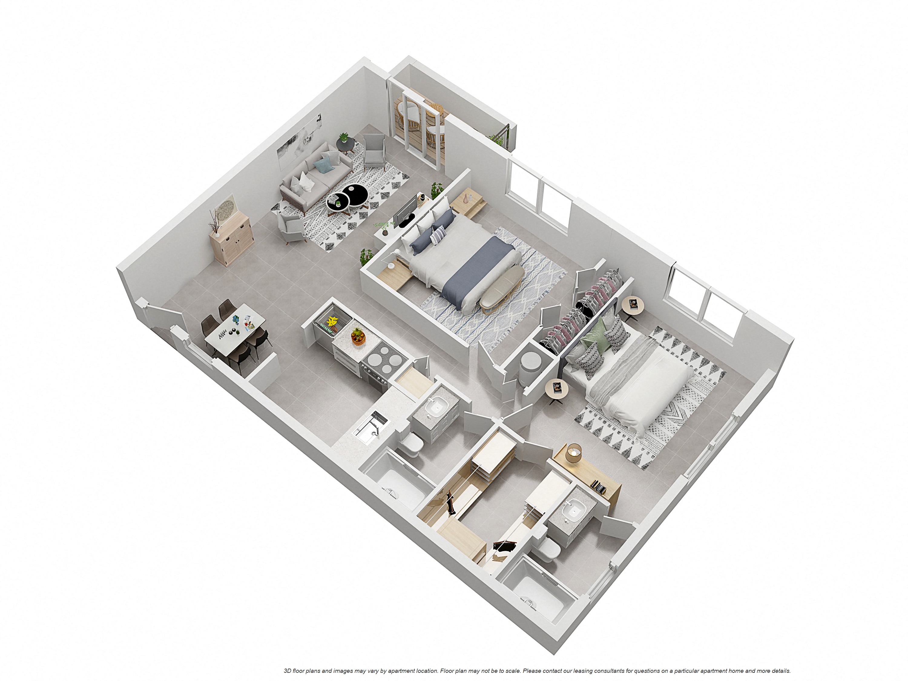 Floor plan for 2 beds, 2 baths, 975 sqft